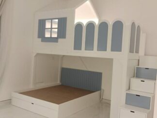 Bunk bed has a small upper hut, lower bed, lower side shelves, stair and slide