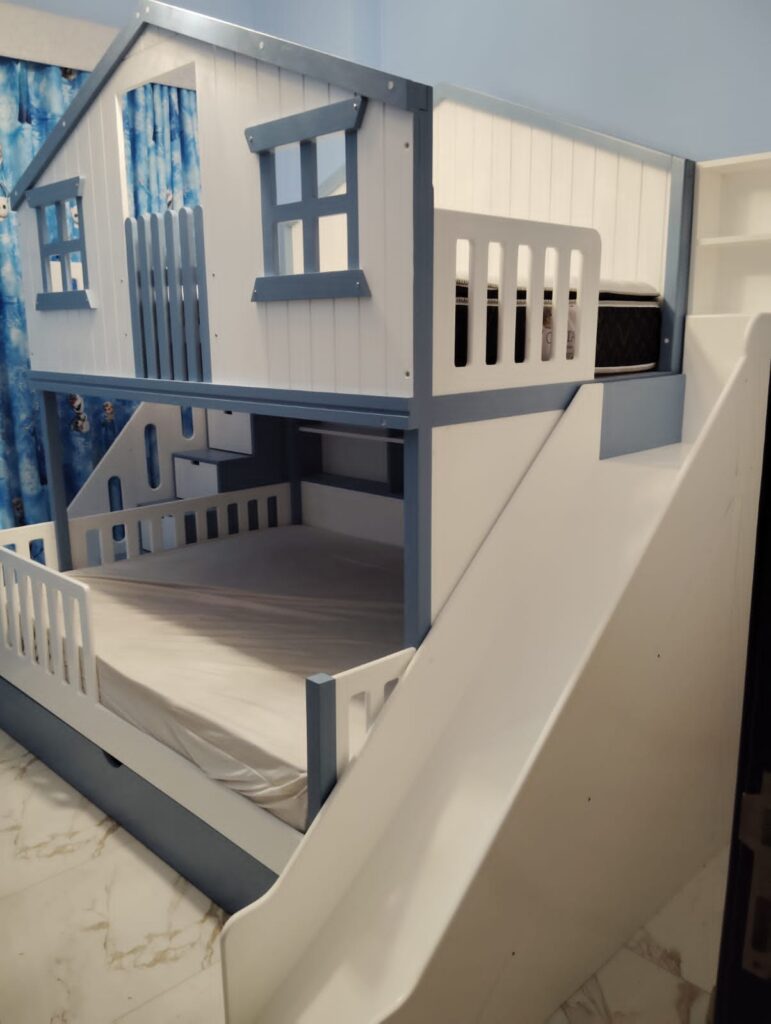 House bed with wall shelves