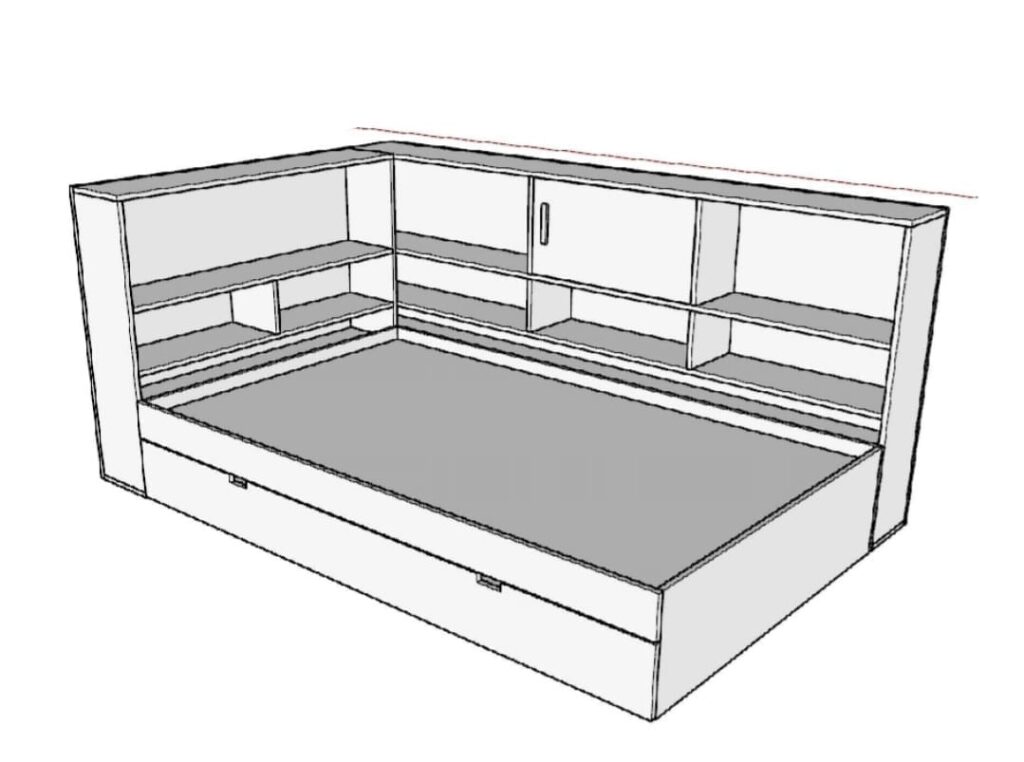 Bed with side shelves and bottom storage drawer