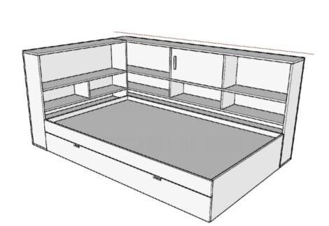 Bed with side shelves and bottom storage drawer