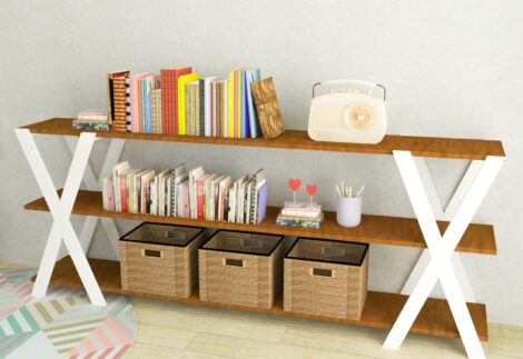 Wooden X-Frame Shelving Unit – 3 Tiers