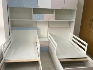 2 beds, nightstand, overhead cabinets