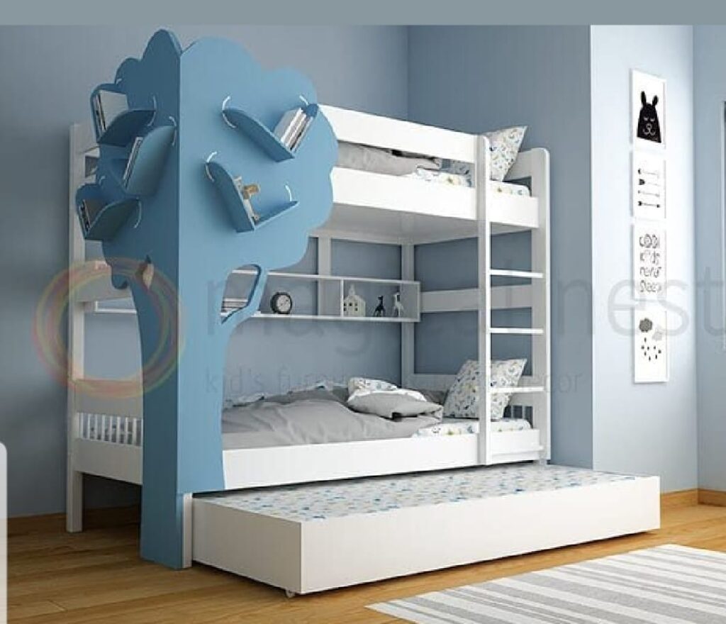Bunk bed with distinctive tree-shaped side shelves