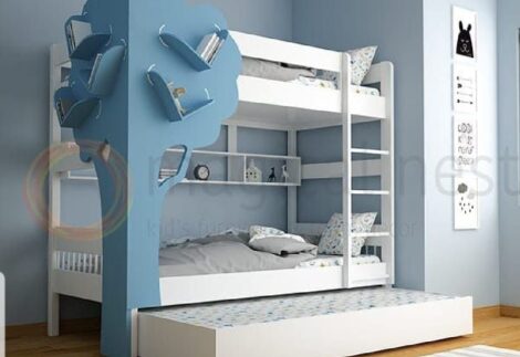 Bunk bed with distinctive tree-shaped side shelves