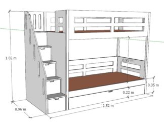 Bunk bed with horizontal openings and side stairs with storage drawers