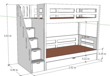 Bunk bed with horizontal openings and side stairs with storage drawers