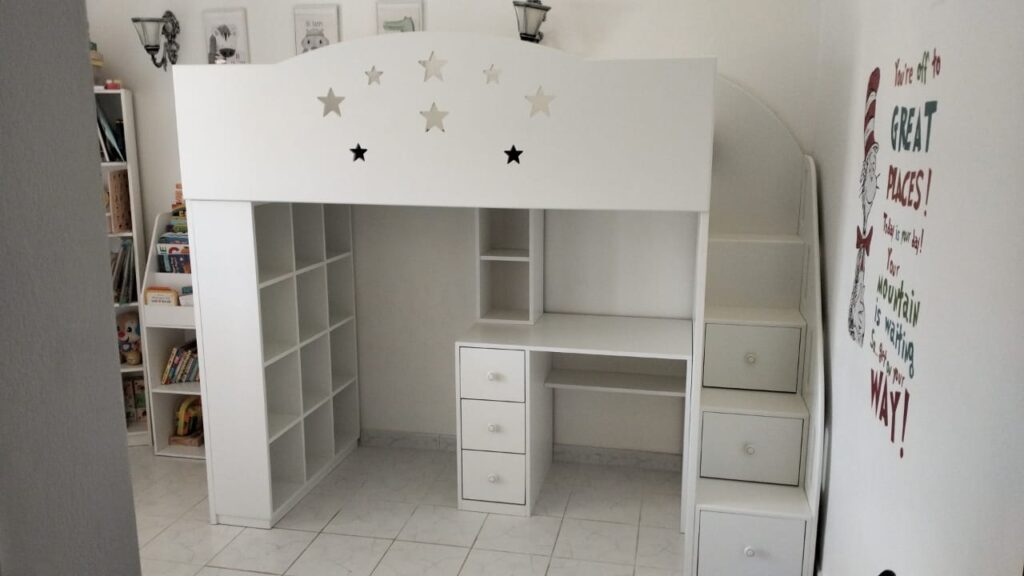 Loft bed with desk and shelves underneath