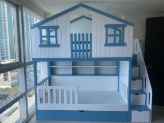 Bunk bed with wall shelves
