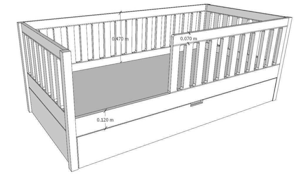 Bed with storage drawer and rails
