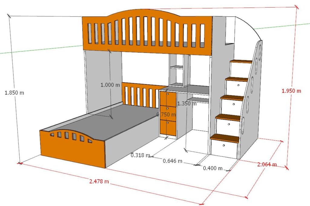Bunk bed with under desk and side stair with storage drawers