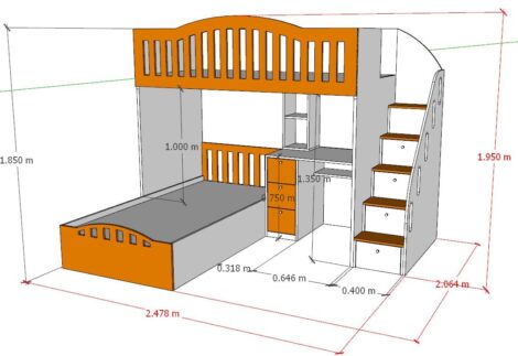 Bunk bed with under desk and side stair with storage drawers