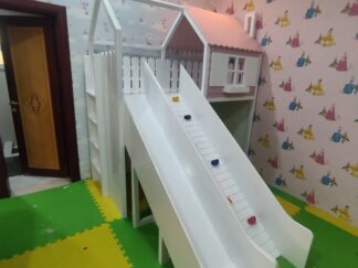 Loft bed with hut, climbing board and slide