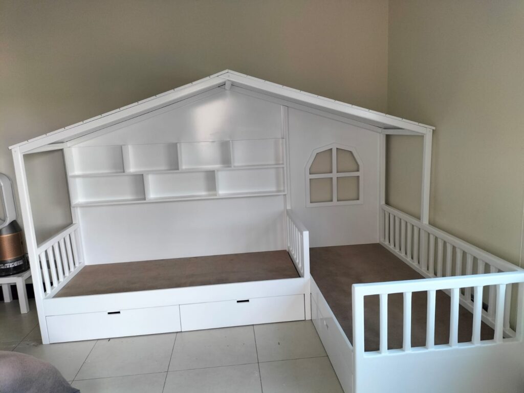 L SHAPE BED , with shelves