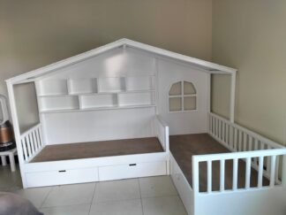 L SHAPE BED , with shelves