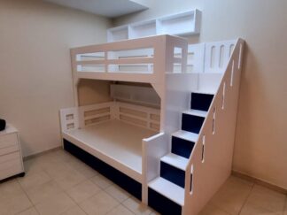 Bunk bed / Each bed has a different width ,with drawer and shelves