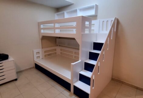 Bunk bed / Each bed has a different width ,with drawer and shelves