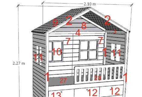 A high bed with six windows and a covered hut frame.