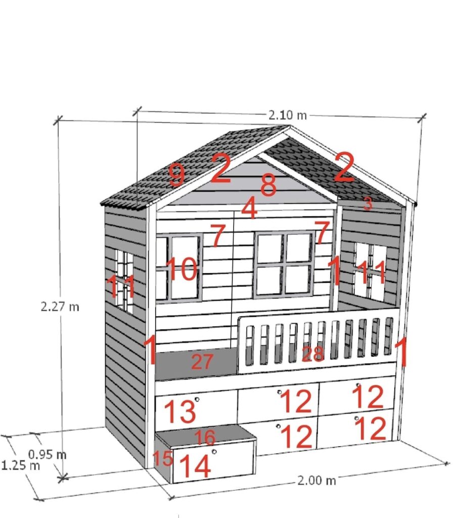 A high bed with six windows and a covered hut frame.