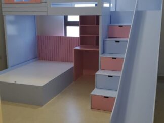 cottage style bed with window at top, desk at bottom, side stairs and slide