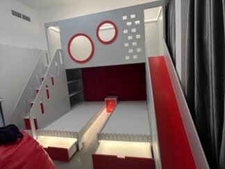 Bunk bed, loft play area, side stairs and slide