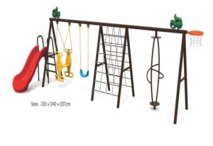 Outdoor Kids Swing & Slide Set with Climbing Net – Compact Backyard Fun – Size 735x240x237 cm