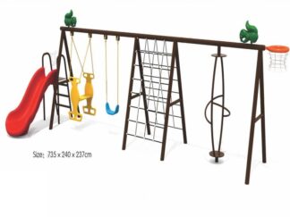 Outdoor Kids Swing & Slide Set with Climbing Net – Compact Backyard Fun – Size 735x240x237 cm