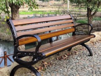 Outdoor Garden Benches, Comfortable Terrace Park Benches, Slatted Seat with Backrest and Armrests, Porch Bench Patio Double Seat Plastic Wood and Cast Iron Frame. Size; 150x50x75cm