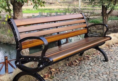 Outdoor Garden Benches, Comfortable Terrace Park Benches, Slatted Seat with Backrest and Armrests, Porch Bench Patio Double Seat Plastic Wood and Cast Iron Frame. Size; 150x50x75cm