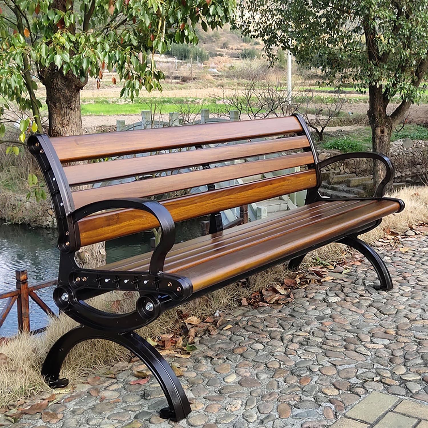 Outdoor Garden Benches, Comfortable Terrace Park Benches, Slatted Seat with Backrest and Armrests, Porch Bench Patio Double Seat Plastic Wood and Cast Iron Frame. Size; 150x50x75cm