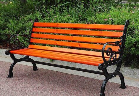 Outdoor Garden Benches, Comfortable Terrace Park Benches, Slatted Seat with Backrest and Armrests, Porch Bench Patio Double Seat Plastic Wood and Cast Iron Frame. Size; 150x61x78cm
