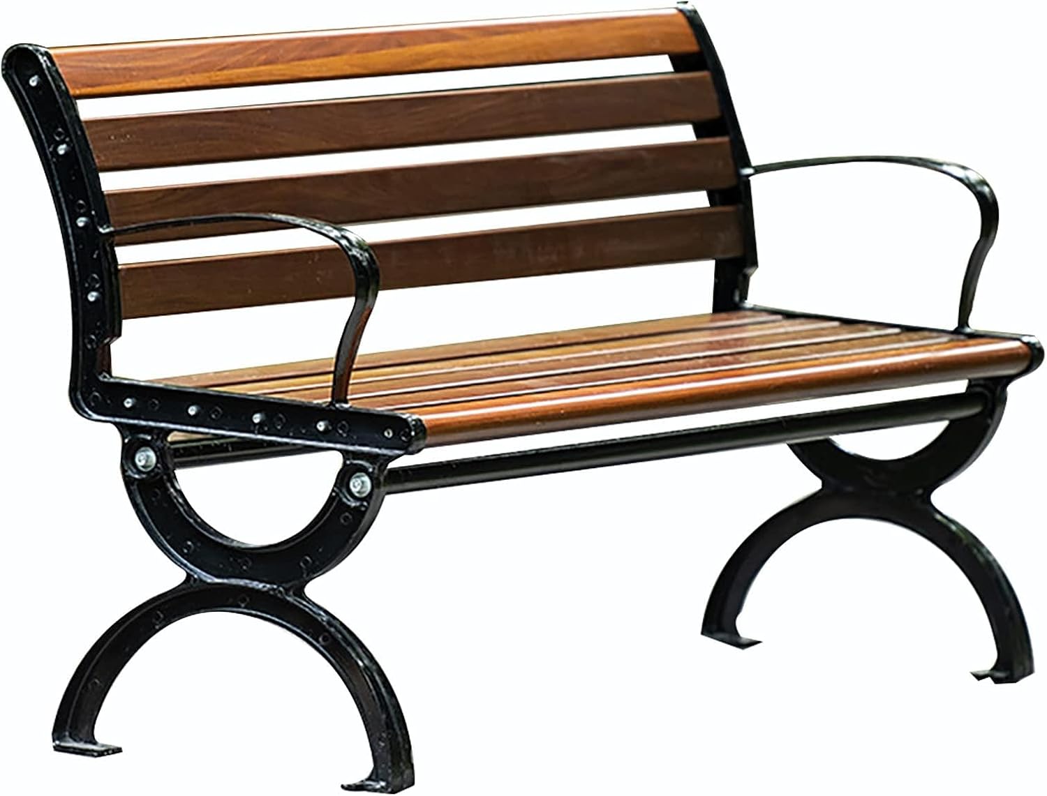 Outdoor Garden Benches, Comfortable Terrace Park Benches, Slatted Seat with Backrest and Armrests, Porch Bench Patio Double Seat Plastic Wood and Cast Iron Frame. Size; 150x60x78 cm