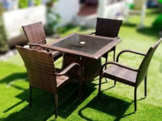 Outdoor Furniture brown Table And 4 Chairs With red Parachute