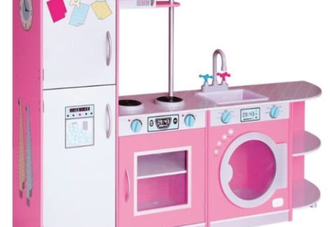 Pink Wooden Play Kitchen for Kids - Size: 140×30×101 cm.