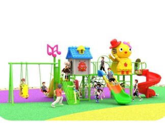 Outdoor Play Set with 3 Slides, Climbing Wall, 2 Swing Seats, Small Climber, Hello Kitty Top Canopy & House Shape – Complete Kids Playground