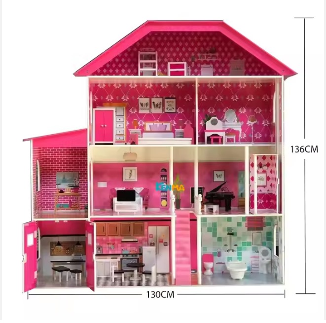 Wooden Dollhouse for Girls - Toy Gift for Ages 3–6, Size:130×35.5×136 cm