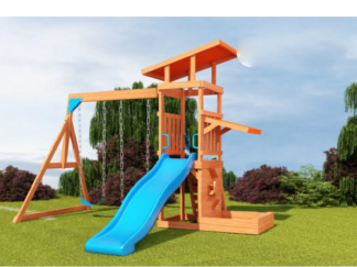 Outdoor Wooden Playground with 2 Swing Seats, Slide & Sandbox | Size: 350x280x240 cm