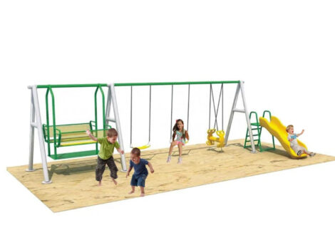 Outdoor Playground Metal Swing Set – 3 Swings, Family Swing & Slide – Size: 670×270×250 cm