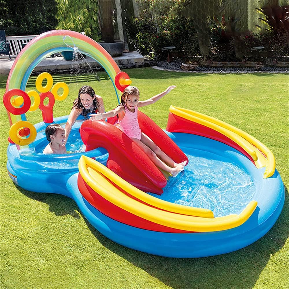 Inflatable Play Center, Kiddie Pool with Water Slide, Outdoor Jumper Bounce House with 4 rings, Big Play Center, for Garden, Backyard, Park, Ages 2+ kids - Image 2