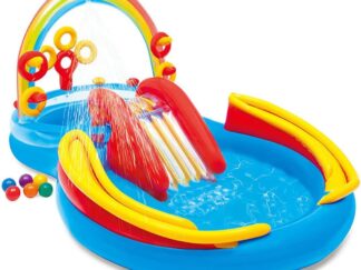 Inflatable Play Center, Kiddie Pool with Water Slide, Outdoor Jumper Bounce House with 4 rings, Big Play Center, for Garden, Backyard, Park, Ages 2+ kids