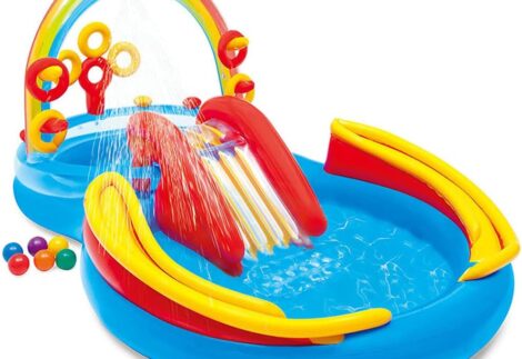 Inflatable Play Center, Kiddie Pool with Water Slide, Outdoor Jumper Bounce House with 4 rings, Big Play Center, for Garden, Backyard, Park, Ages 2+ kids