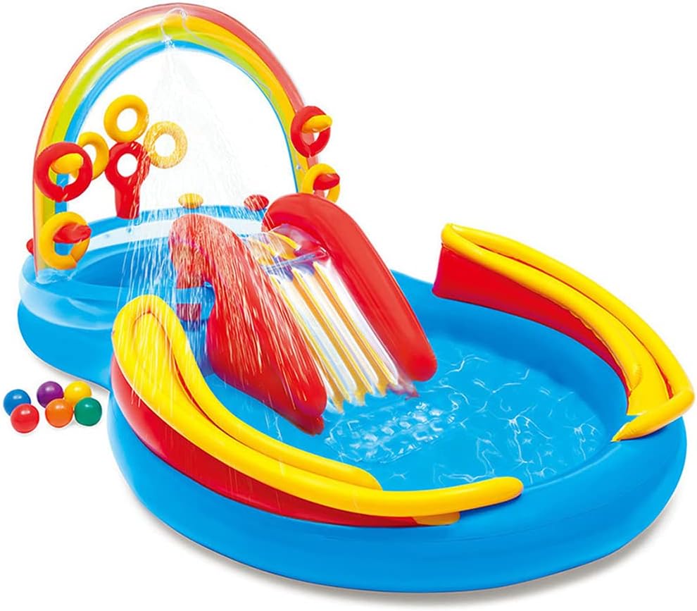 Inflatable Play Center, Kiddie Pool with Water Slide, Outdoor Jumper Bounce House with 4 rings, Big Play Center, for Garden, Backyard, Park, Ages 2+ kids