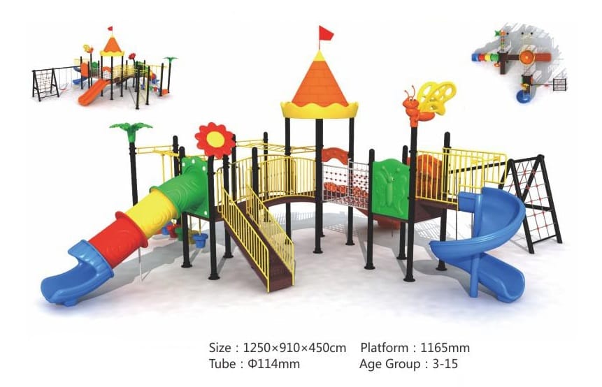 Big Outdoor Heavy Duty Playground Set for Kids – 4 Slides, Climbing Net & Monkey Bar – Size: 1250x910x450 cm