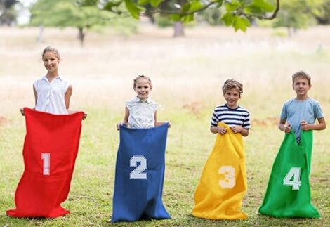 4pcs Outdoor Jumping Sack Race Bags for Kids – Egg Spoon Relay Game, Bean Bag Potato Sack Race Playset, Parent-Child Canvas Racing Bags – Size: 70×50 cm.