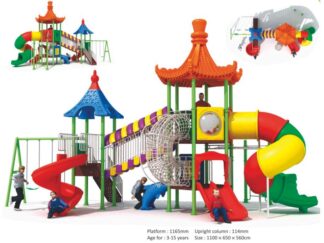 Big Outdoor Heavy Duty Playground Set for Kids – 4 Slides, 3 Swings, two caps & Climbing Net – Size: 1100x650x560 cm