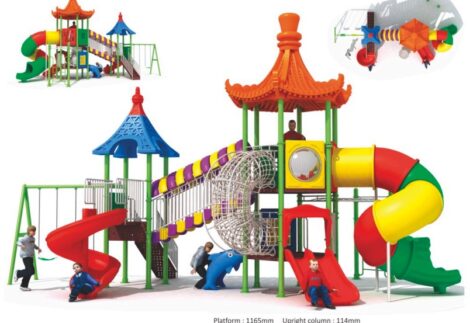 Big Outdoor Heavy Duty Playground Set for Kids – 4 Slides, 3 Swings, two caps & Climbing Net – Size: 1100x650x560 cm