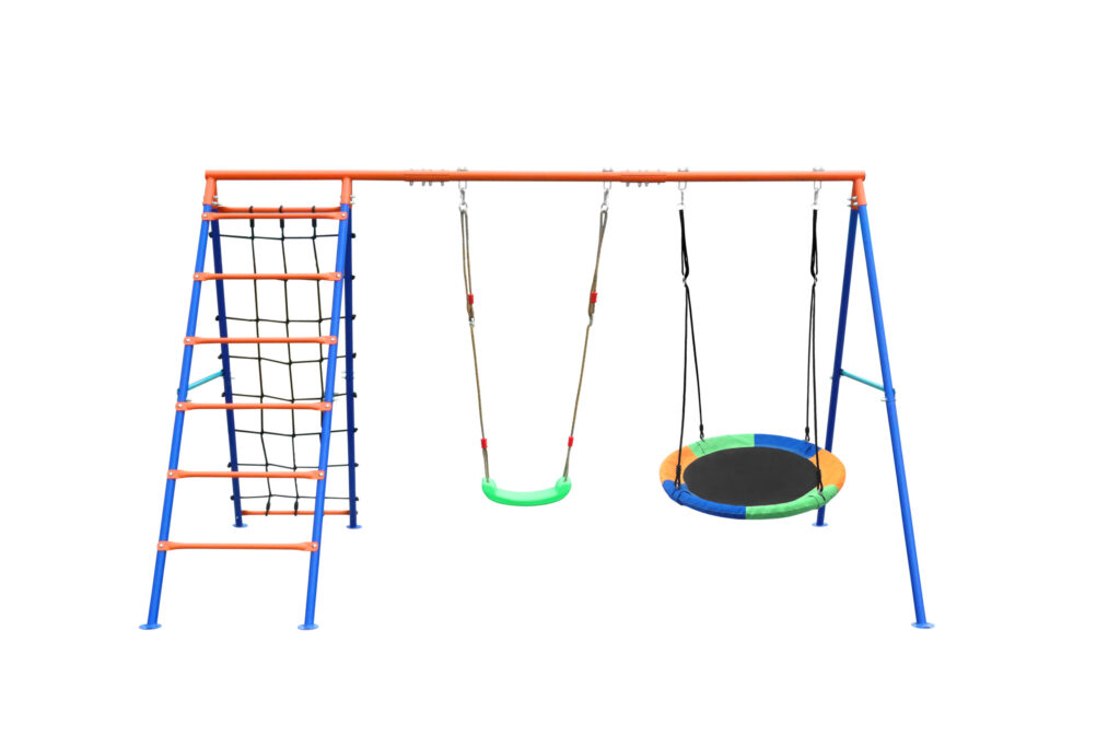 Outdoor 4-in-1 Heavy-Duty Metal Swing Set for Backyard - 500lb Capacity Outdoor Playset with Basketball Hoop & Climbing Rope.Size :300x180x185cm