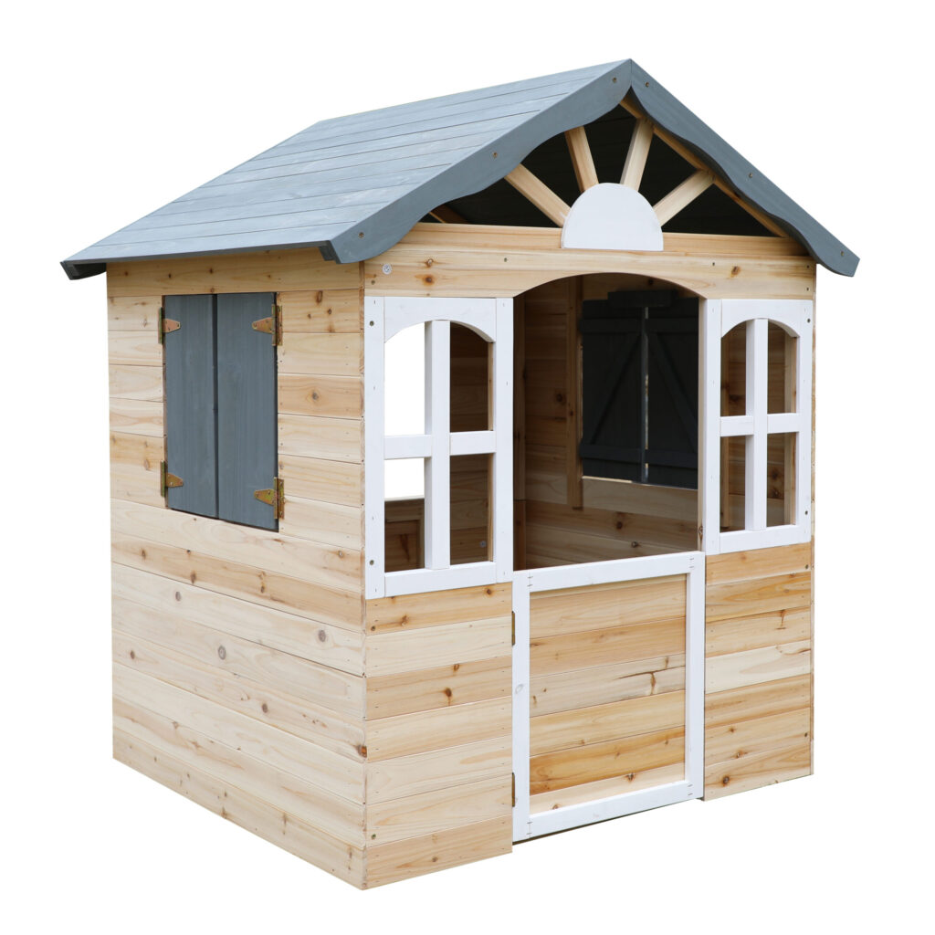 Fir Wood Kids Playhouse with Shuttered Windows & Sunburst Roof -  Size: 115x101x129 cm