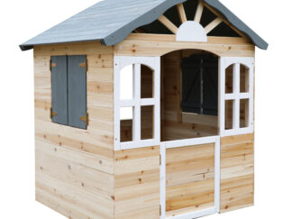Fir Wood Kids Playhouse with Shuttered Windows & Sunburst Roof -  Size: 115x101x129 cm