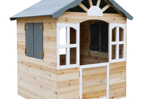 Fir Wood Kids Playhouse with Shuttered Windows & Sunburst Roof -  Size: 115x101x129 cm