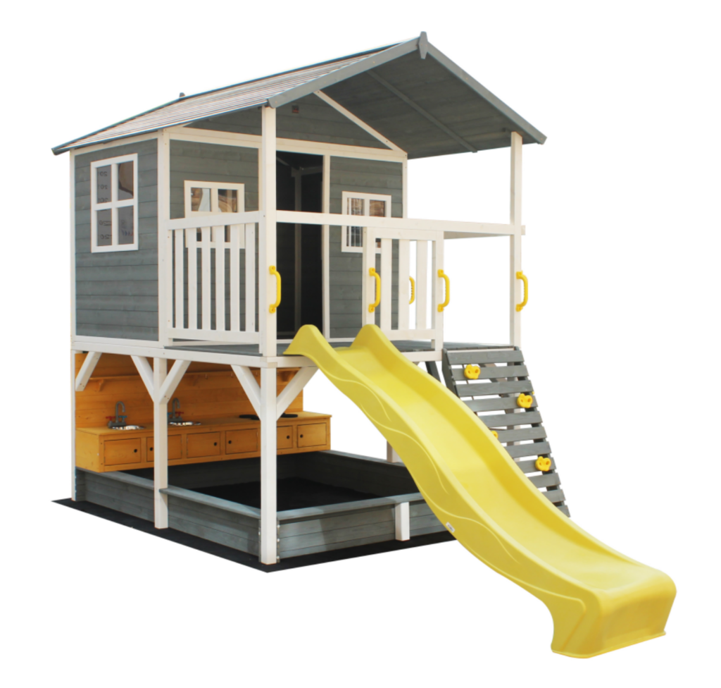Wood Kids Playhouse with Slide, Kitchen, Climbing Wall & Ladder
Outdoor Fir Wood Playset - Size: 231x402x288 cm.